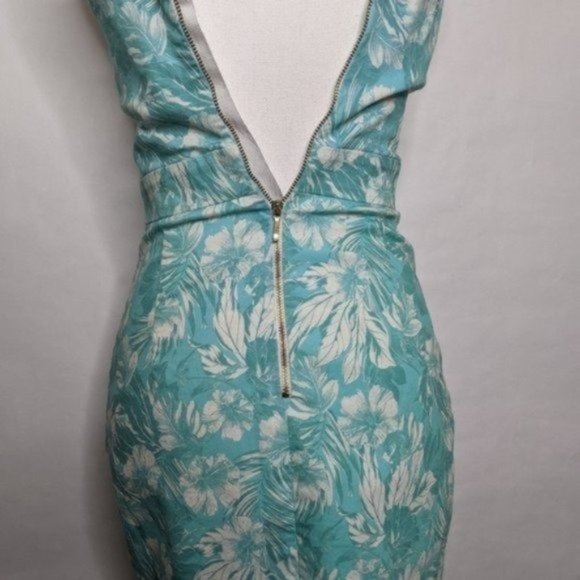 SUITE BLANCO DRESS HAWAIIAN STRAPLESS FITS SMALL TEAL BLUE TROPICAL VACAY DENIM - Picture 7 of 10